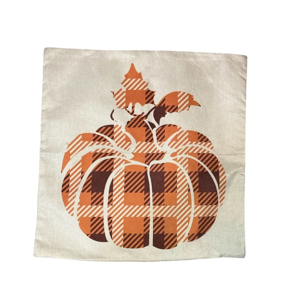 Fall Pillow Covers Happy Harvest Plaid Pumpkin 17” x 17” Farmhouse Lot of 2
